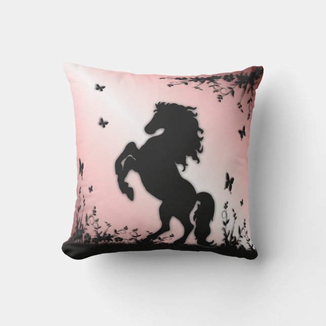 Rearing Black Stallion Pink Outdoor Pillow (Front)