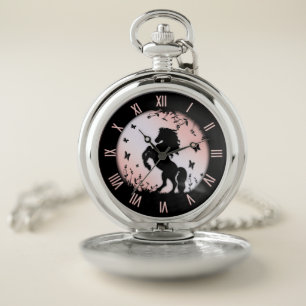 Rearing Black Stallion Pink Pocket Watch