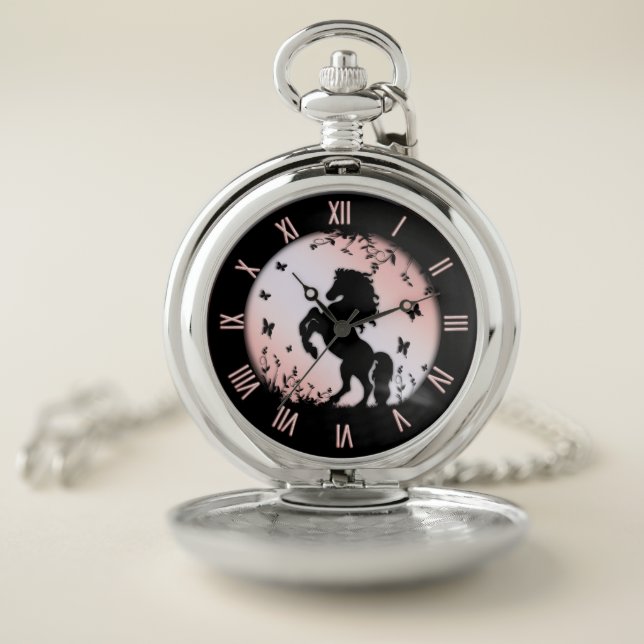 Rearing Black Stallion Pink Pocket Watch (Inside)