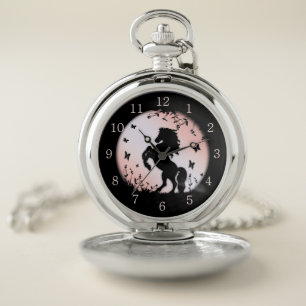 Rearing Black Stallion Pink Pocket Watch