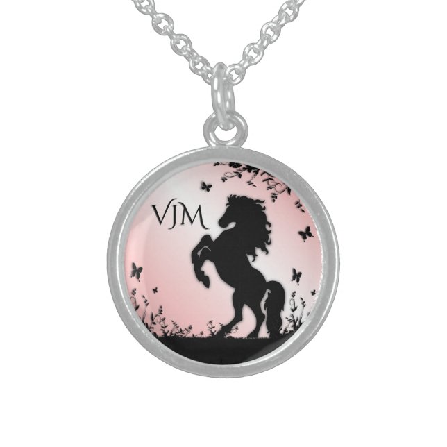 Rearing Black Stallion Pink Sterling Silver Necklace (Front)