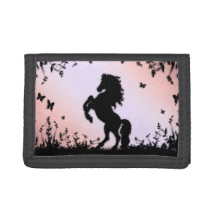Rearing Black Stallion with Name on Pink Tri-fold Wallet