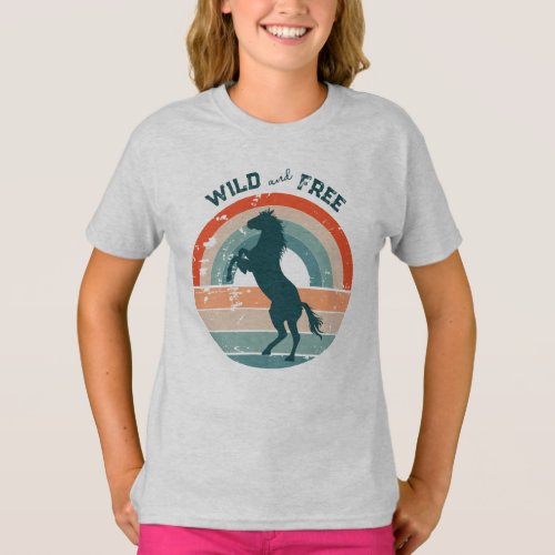 Rearing Blue Horse Retro Rainbow Wild Free T_Shirt