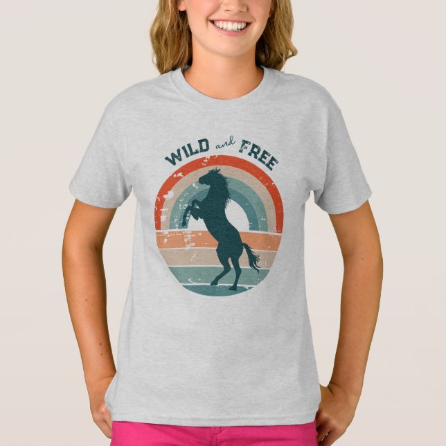 Rearing Blue Horse Retro Rainbow Wild Free T-Shirt (Front)
