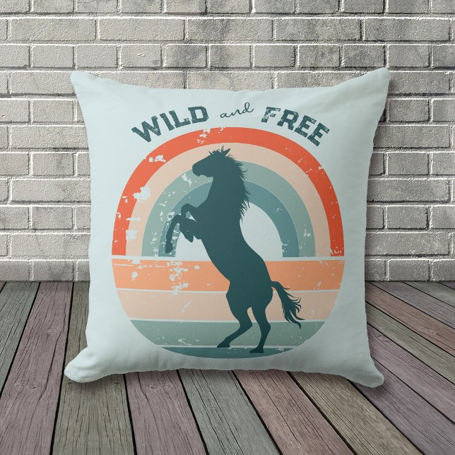 Rearing Blue Horse Retro Rainbow Wild Free Throw Pillow (Creator Uploaded)