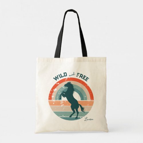 Rearing Blue Horse Retro Rainbow Wild Free Tote Bag