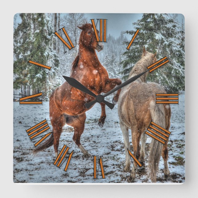 Rearing Dun & Palomino Winter Horses Equine photo Square Wall Clock (Front)