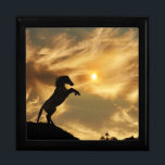 Rearing Horse Art Tile Keepsake Box<br><div class="desc">This gorgeous jewelry or keepsake box features a wooden inlaid tile design. The tile displays a magnificent horse rearing against a vibrant background of colorful clouds and a glowing sun.</div>