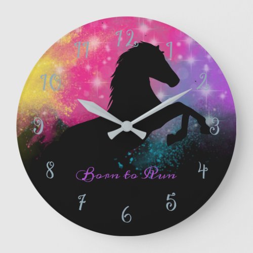 Rearing horse rainbow sparkle girly western large clock