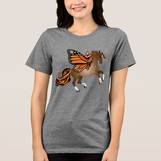 Rearing Horse with Monarch Butterfly Wings Tri-Blend Shirt (Front)