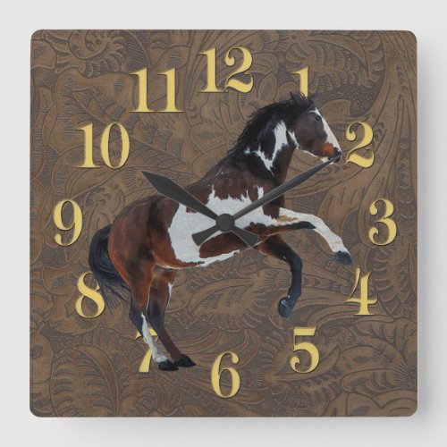 Rearing Pinto Paint Stallion on faux Leather BG Square Wall Clock