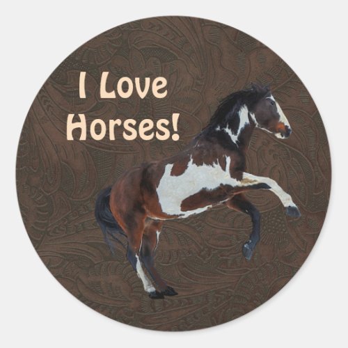 Rearing Pinto Stallion Horse on faux Leather BG Classic Round Sticker