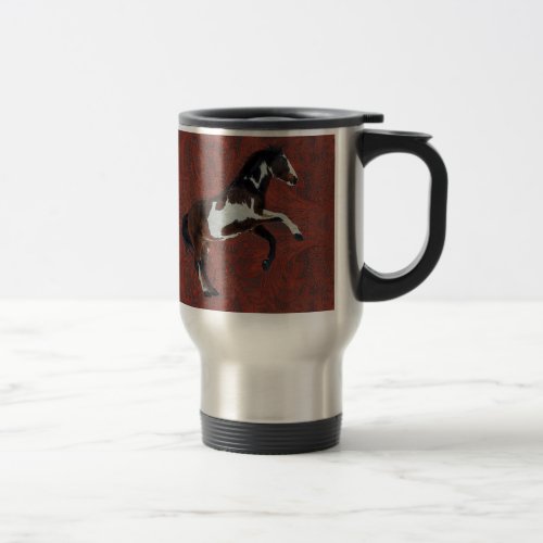 Rearing Pinto Stallion Horse on faux Leather BG Travel Mug