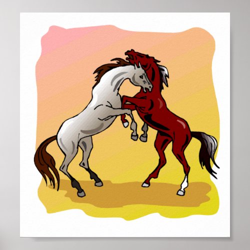 Rearing Stallion Battle Colorful Horses Equine Poster