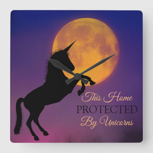 Rearing Unicorn Silhouette Full Harvest Moon Square Wall Clock