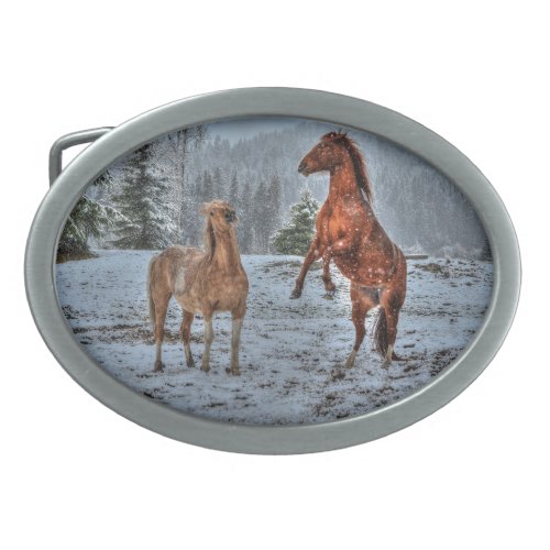 Rearing Winter Horse and Stallion in Snowy Field 2 Oval Belt Buckle
