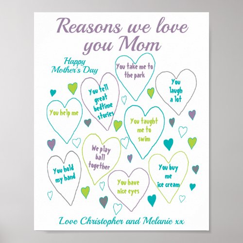 Reasons I Love You Mom Mothers Day Gift Poster
