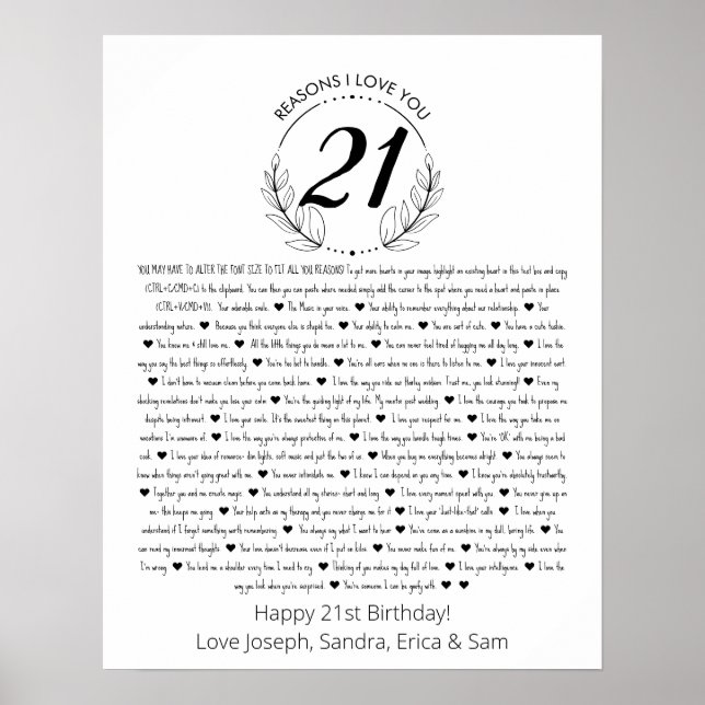 reasons why I love you 21st birthday Poster (Front)