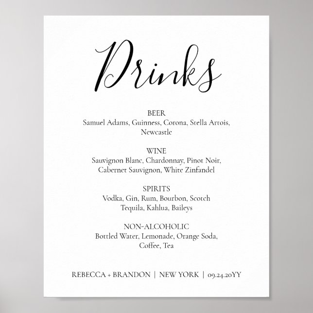 Rebecca Simple Calligraphy Drinks Wedding Sign (Front)