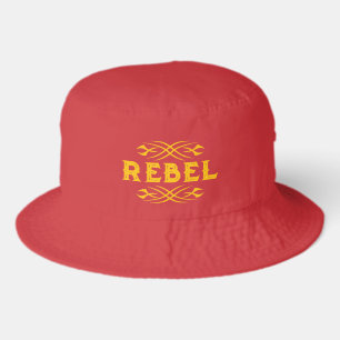 Rebel bucket hat with vintage tattoo flame stripes