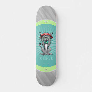Rebel Cat Design Gray, Teal & Lime Green Skateboar Skateboard
