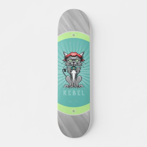 Rebel Cat Design Gray Teal  Lime Green Skateboar Skateboard