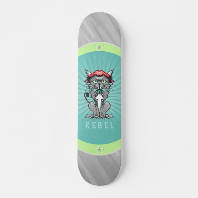 Rebel Cat Design Gray, Teal & Lime Green Skateboar Skateboard (Front)