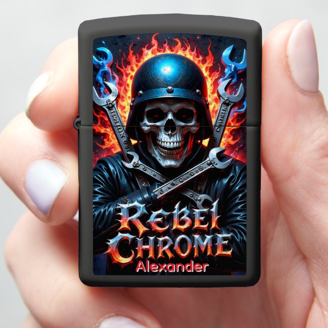 Rebel Chrome Skull Biker Flame Case Zippo Lighter (In Hand)