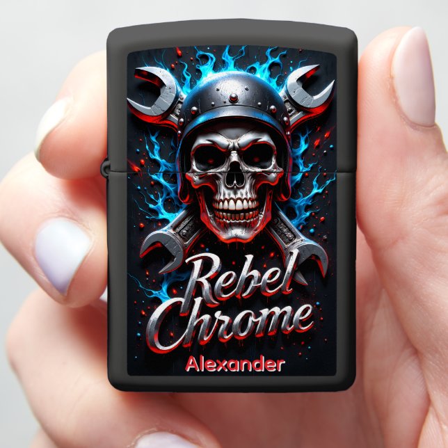 Rebel Chrome Skull Blue Fire Zippo Lighter (In Hand)