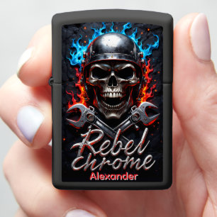 Rebel Chrome Skull Flaming Cross Zippo Lighter