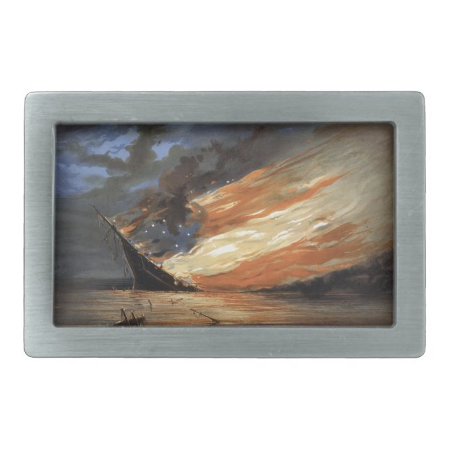 Rebel Civil War flagship on Fire of American flag  Belt Buckle (Front)