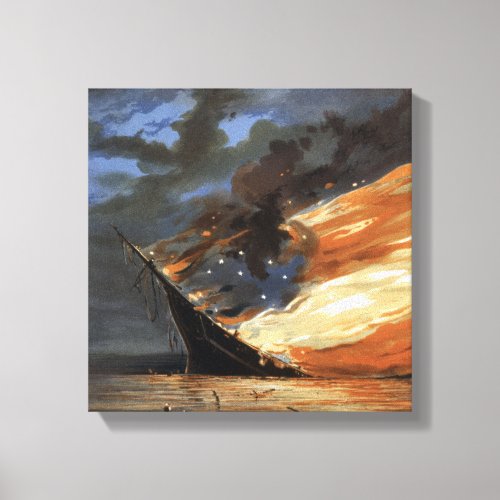 Rebel Civil War flagship on Fire of American flag  Canvas Print