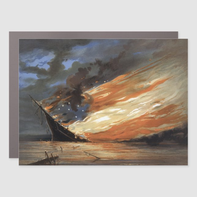 Rebel Civil War flagship on Fire of American flag  Car Magnet (Front)