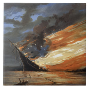 Rebel Civil War flagship on Fire of American flag Ceramic Tile