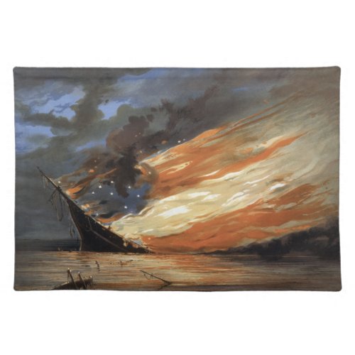 Rebel Civil War flagship on Fire of American flag  Cloth Placemat