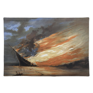 Rebel Civil War flagship on Fire of American flag  Cloth Placemat