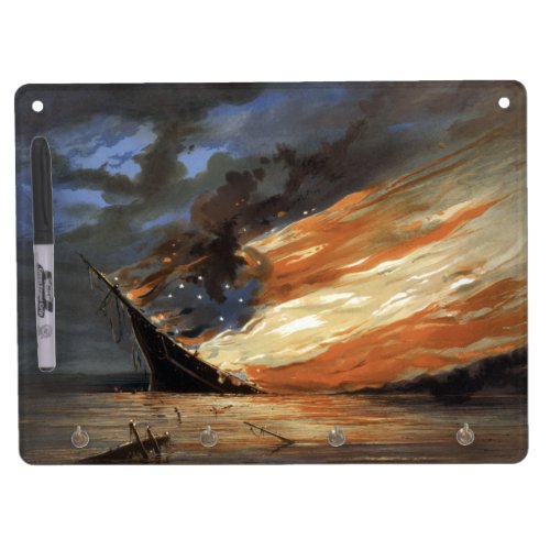 Rebel Civil War flagship on Fire of American flag  Dry Erase Board With Keychain Holder
