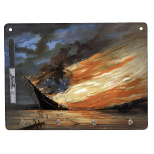 Rebel Civil War flagship on Fire of American flag Dry Erase Board With Keychain Holder
