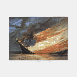 Rebel Civil War flagship on Fire of American flag Fleece Blanket