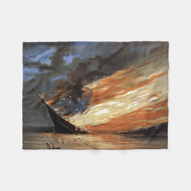 Rebel Civil War flagship on Fire of American flag Fleece Blanket (Front (Horizontal))