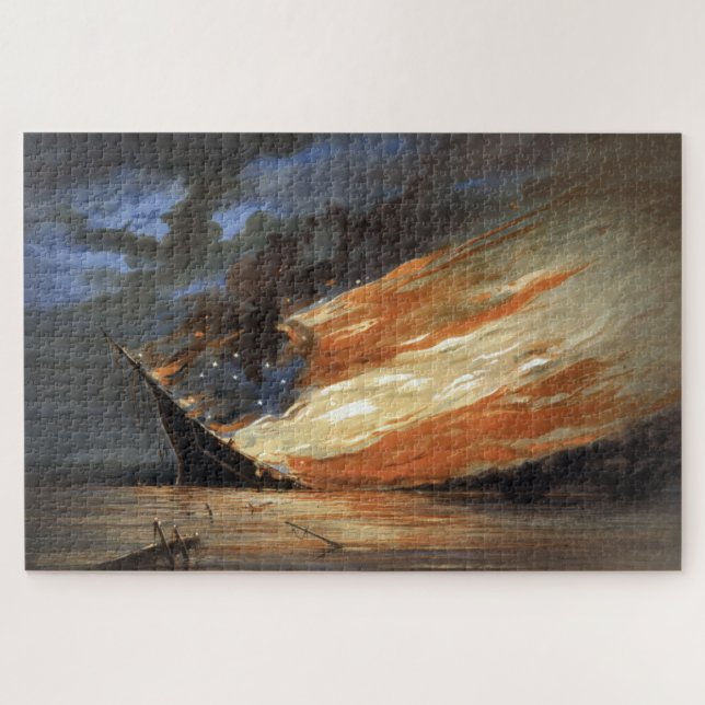 Rebel Civil War flagship on Fire of American flag  Jigsaw Puzzle (Horizontal)