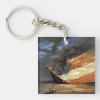 Rebel Civil War flagship on Fire of American flag Keychain