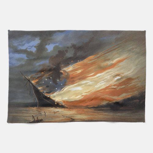 Rebel Civil War flagship on Fire of American flag  Kitchen Towel