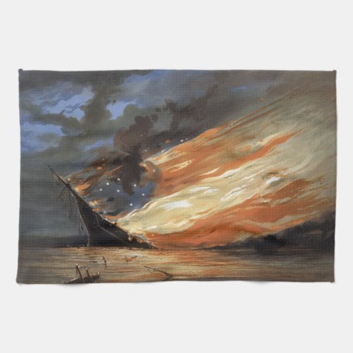 Rebel Civil War flagship on Fire of American flag  Kitchen Towel