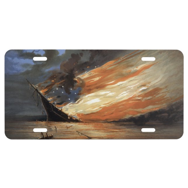 Rebel Civil War flagship on Fire of American flag  License Plate (Front)