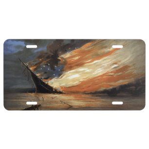 Rebel Civil War flagship on Fire of American flag License Plate