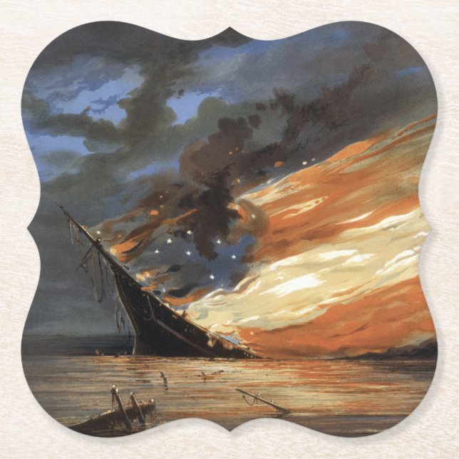 Rebel Civil War flagship on Fire of American flag  Paper Coaster (Front)