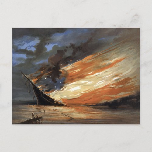 Rebel Civil War flagship on Fire of American flag Postcard