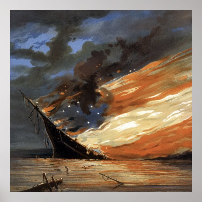 Rebel Civil War flagship on Fire of American flag  Poster (Front)
