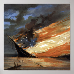 Rebel Civil War flagship on Fire of American flag Poster